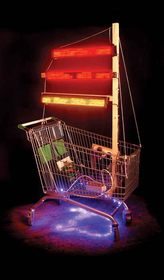 H.O.B.O. - A shopping cart customised with LED signs. It compares the number of votes cast in the last UK general election with the votes from TV show 'Big Brother'. 