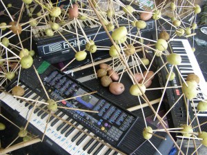 Dylan Martorell, Stolon Tonals (detail), 2008, multimedia installation including foreground work in close-up, Stolon Arcology (with potatoes, chopsticks, keyboards). Image courtesy the artist. Photograph by Dylan Martorell.